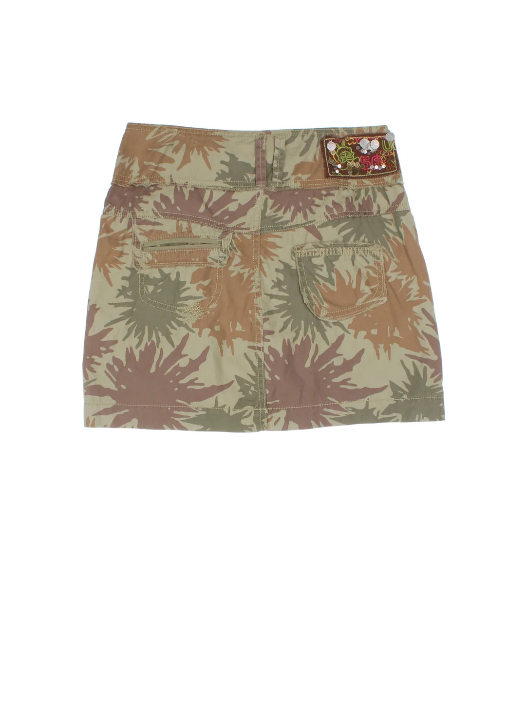 Vintage Y2K Camo Cargo Skirt in green colourway with zip button waist, pocket ties and studded back patch.