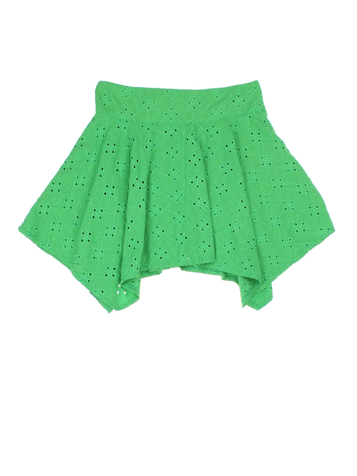 Vintage Y2K Asymmetrical Mini Skirt in green colourway with zip waist and waterfall hem.
