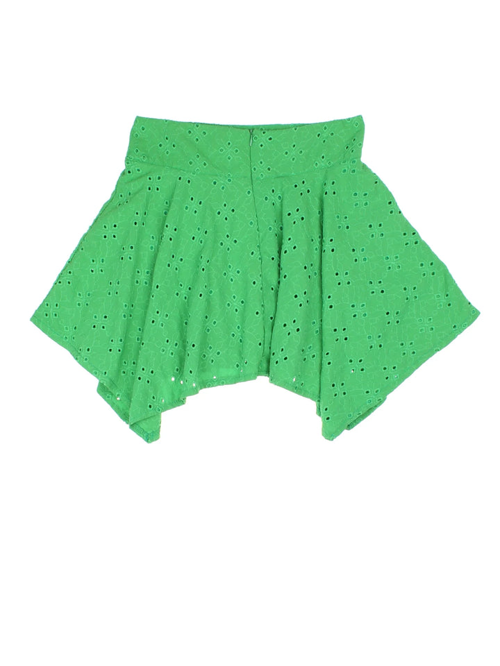 Vintage Y2K Asymmetrical Mini Skirt in green colourway with zip waist and waterfall hem.