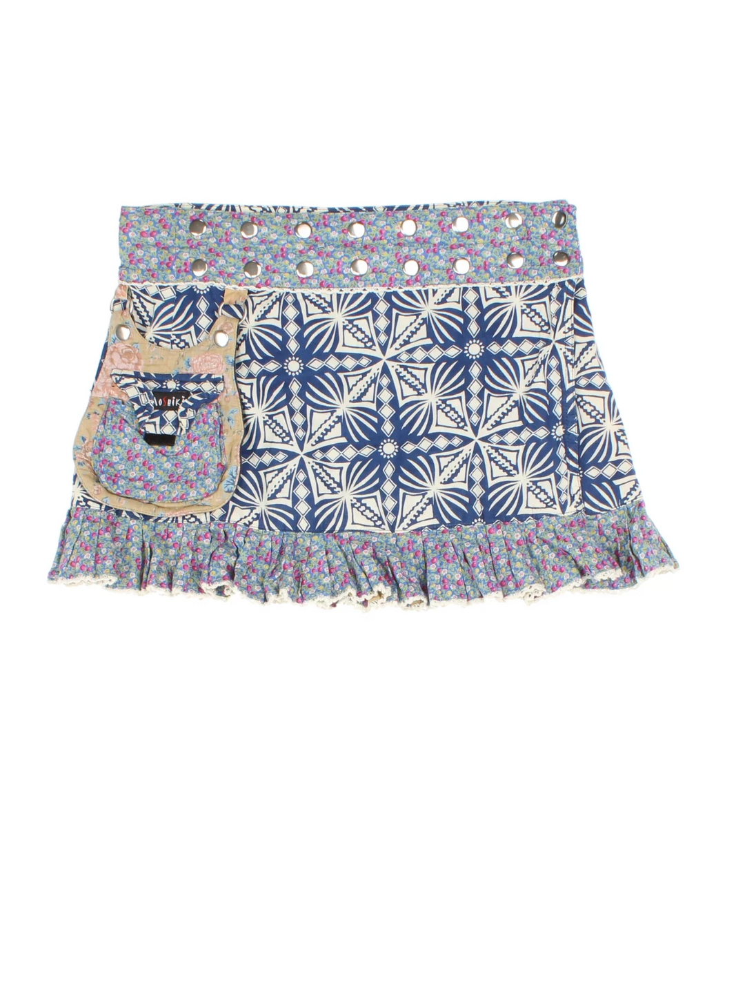 Vintage Moshiki Reversible Mini Skirt in blue colourway with popper waist and side pocket.