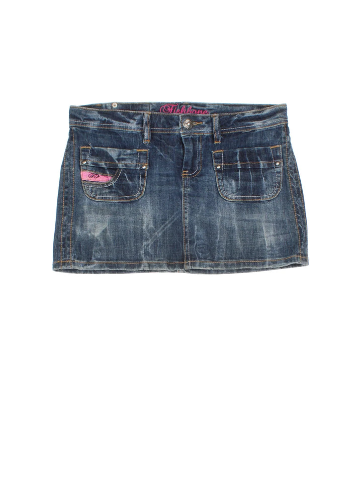 Y2K Denim Mini Skirt in blue colourway with zip fly waist, multiple pockets and contrast stitching.