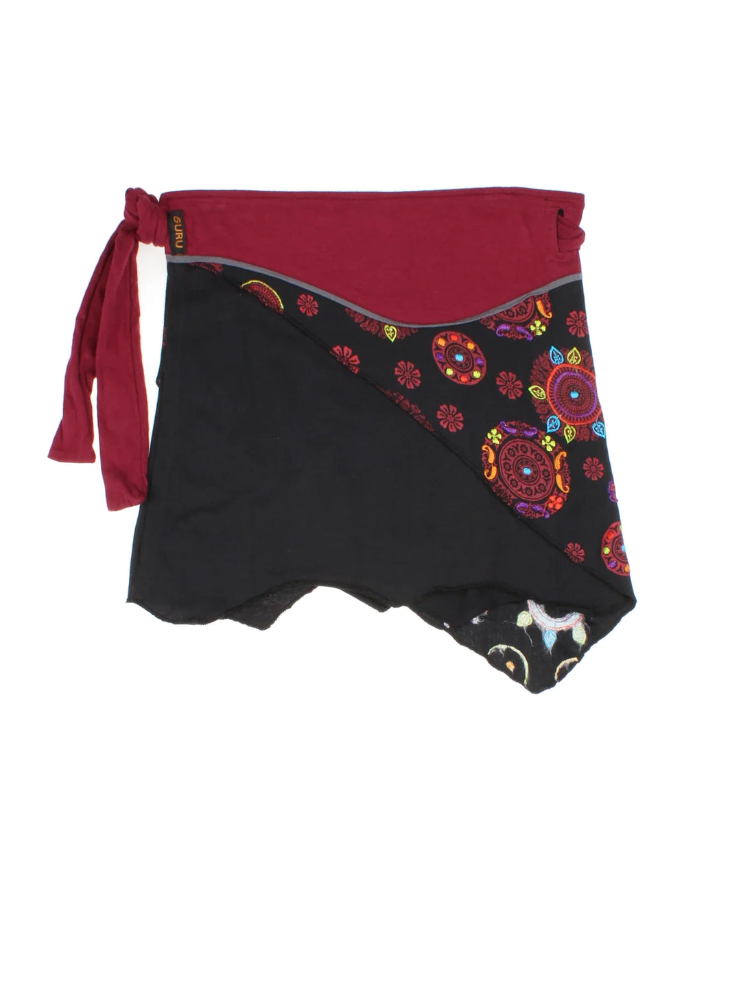 Vintage Guru Mini Wrap Skirt in black/red colourway with tie side waist and contrast print