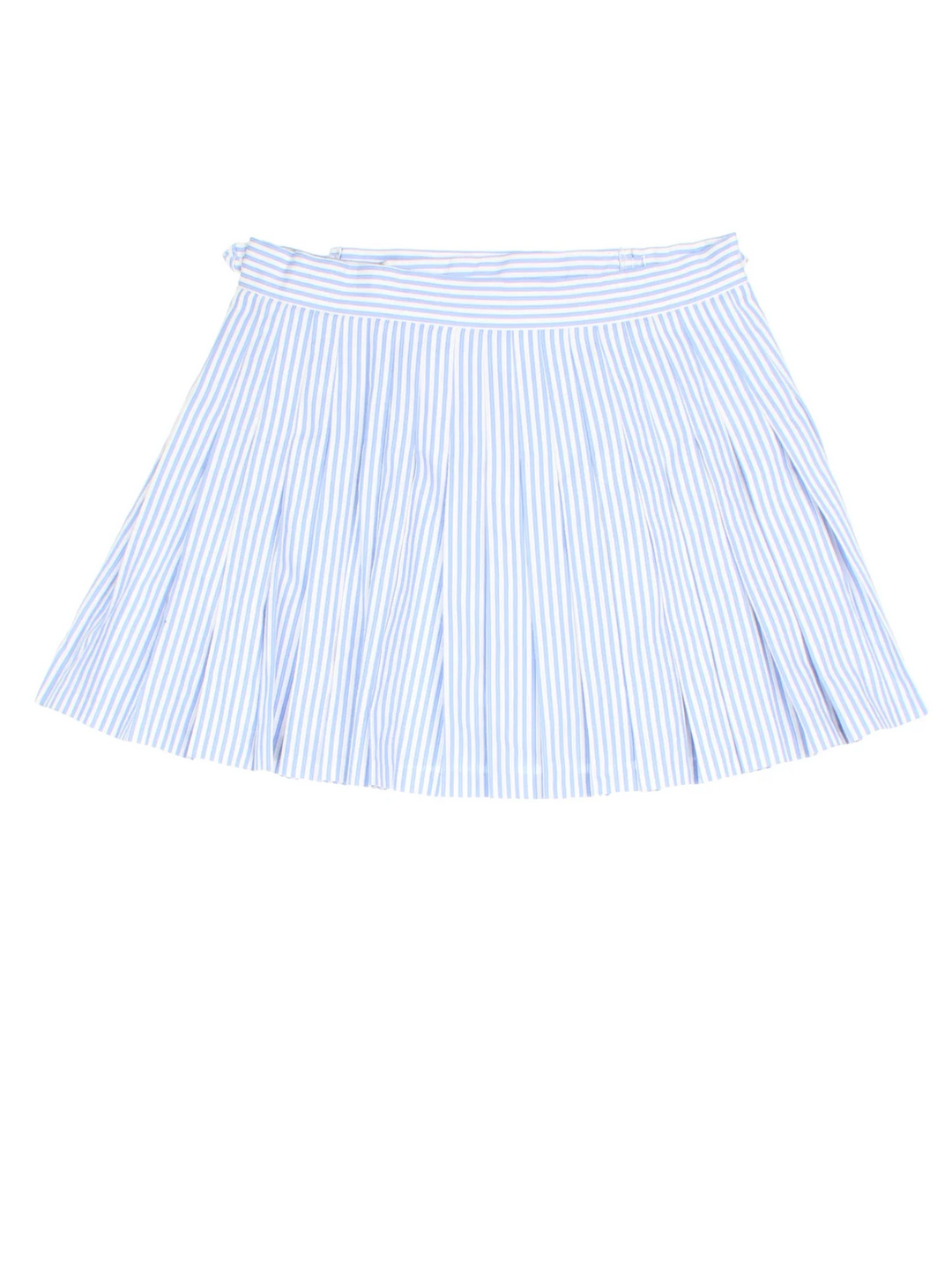 Lacoste Tennis Skirt in blue/white striped colourway. Cross over button fastening, full circle pleated skirt with embroidered branding on the front.