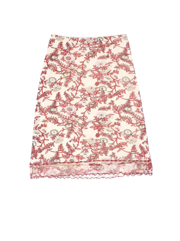 Y2K Paisley Midi Skirt in red colourway with all over print, double sheer layer and frill hem detail.