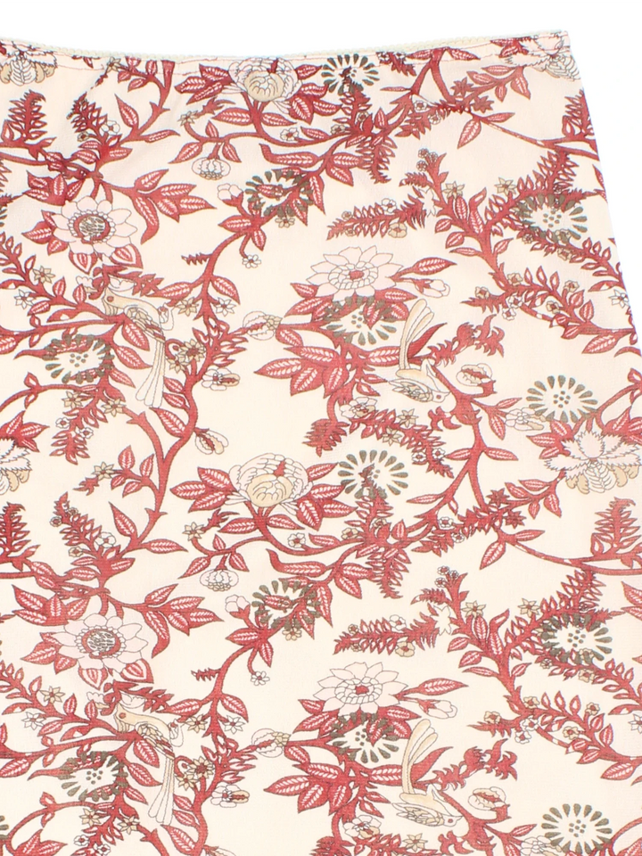 Y2K Paisley Midi Skirt in red colourway with all over print, double sheer layer and frill hem detail.