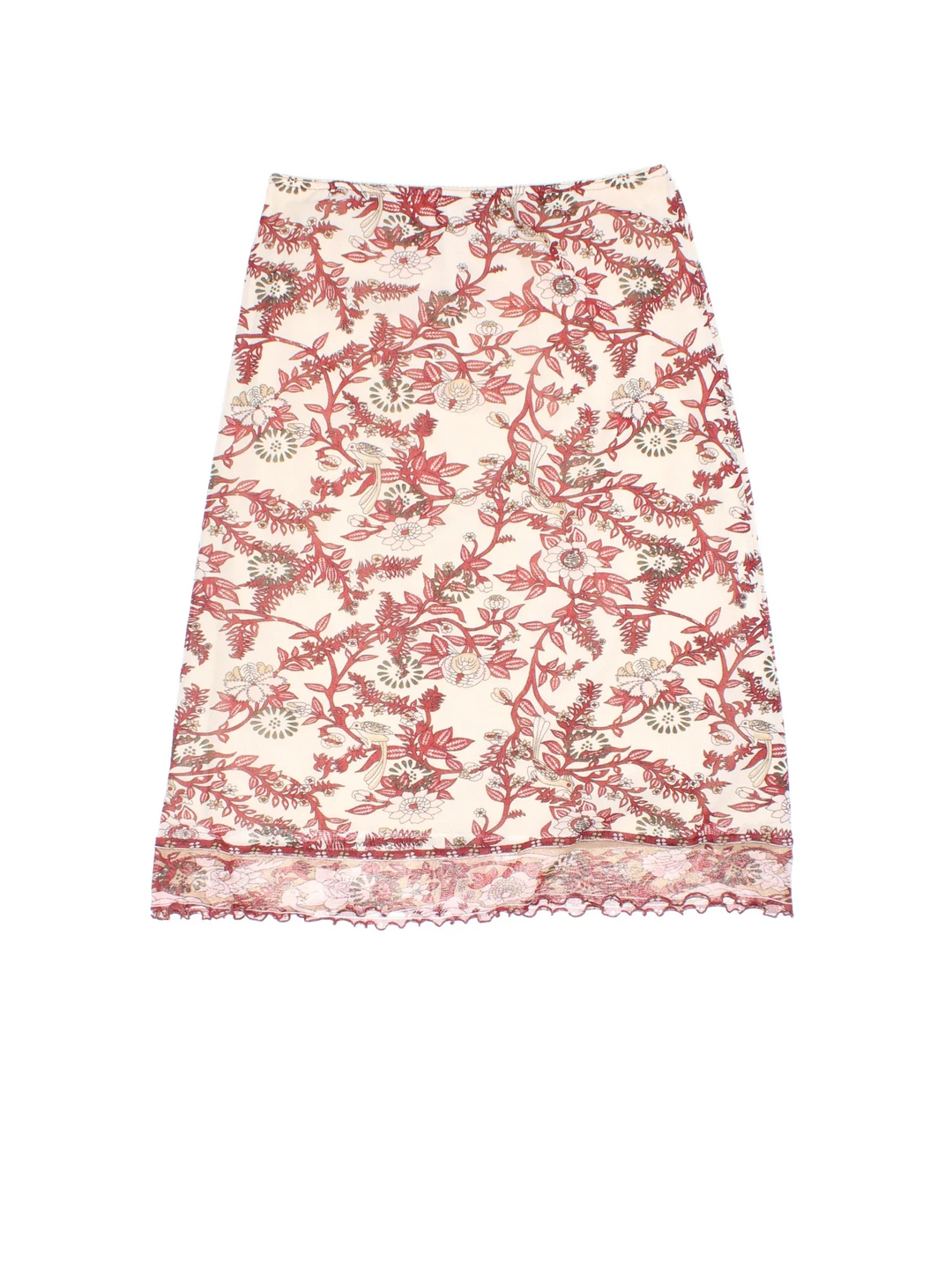 Y2K Paisley Midi Skirt in red colourway with all over print, double sheer layer and frill hem detail.