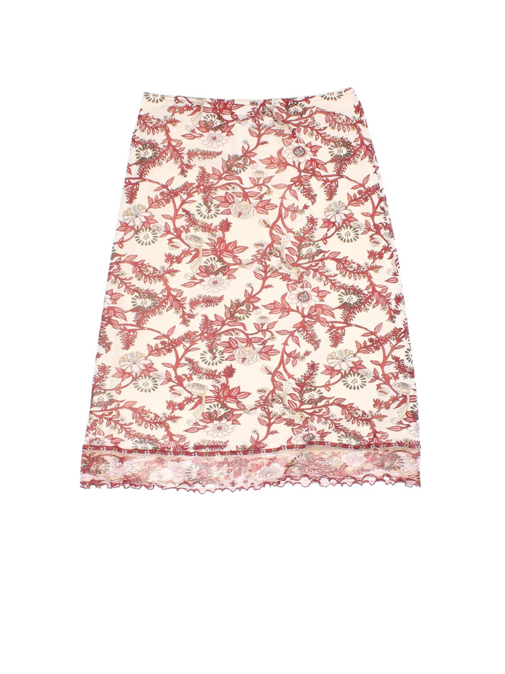 Y2K Paisley Midi Skirt in red colourway with all over print, double sheer layer and frill hem detail.