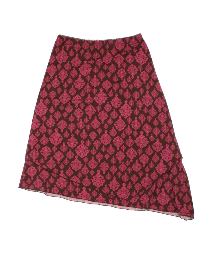 Y2K Paisley Asymmetrical Skirt in pink/brown colourway with all over print, double layer and asymmetrical
 hem detail.