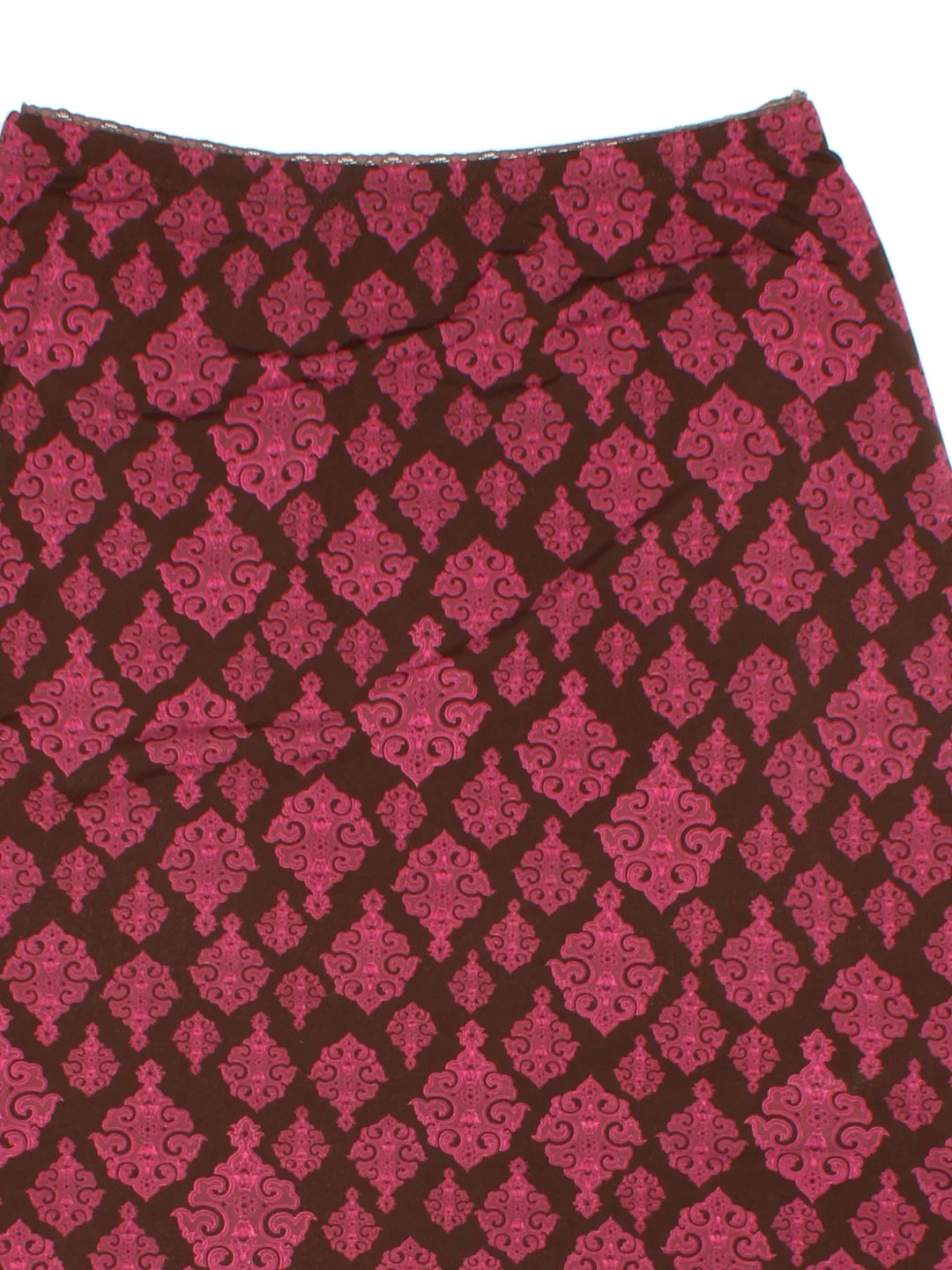Y2K Paisley Asymmetrical Skirt in pink/brown colourway with all over print, double layer and asymmetrical
 hem detail.
