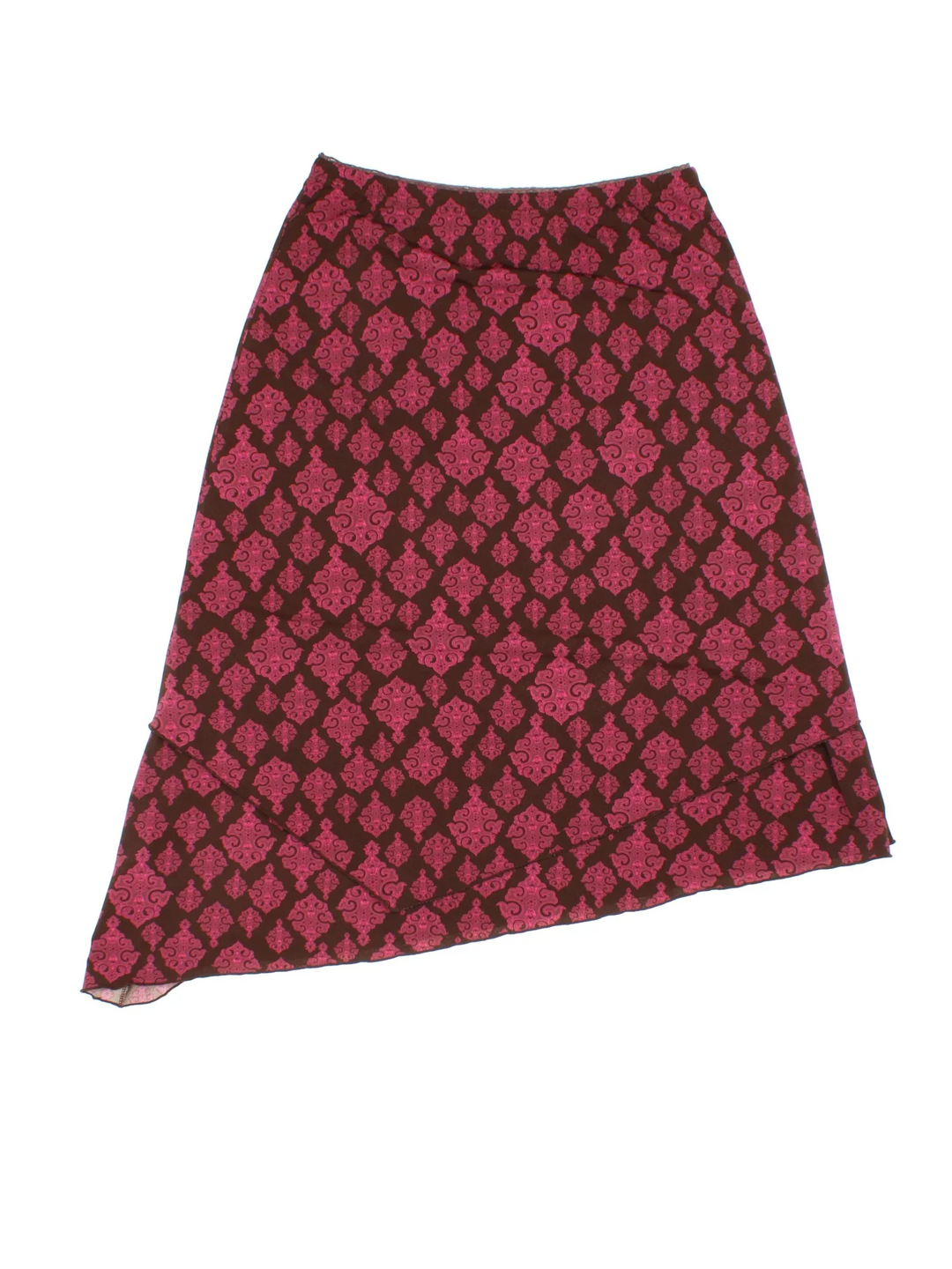 Y2K Paisley Asymmetrical Skirt in pink/brown colourway with all over print, double layer and asymmetrical
 hem detail.