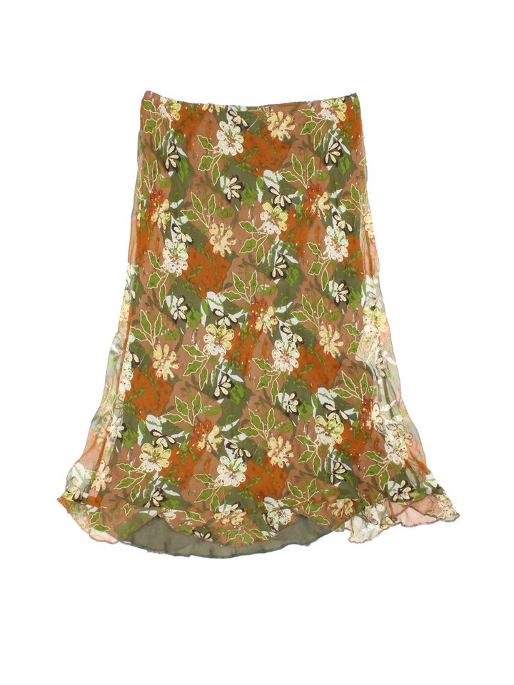 Y2K Floral Sequin Midi Skirt in green colourway with all over print, sequin deatil and sheer overlay.