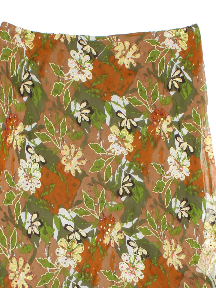 Y2K Floral Sequin Midi Skirt in green colourway with all over print, sequin deatil and sheer overlay.