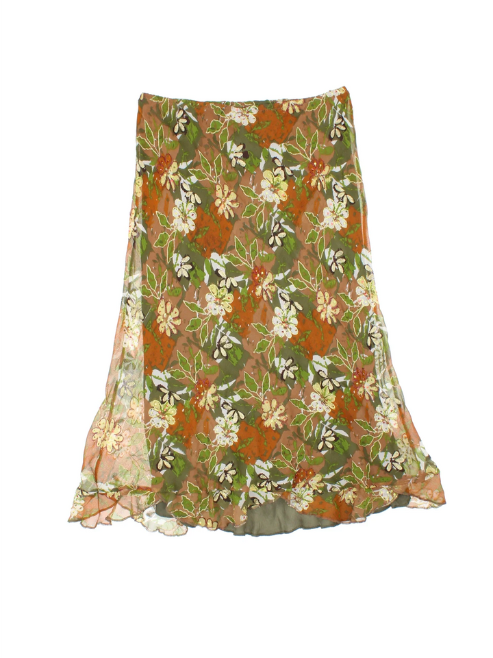 Y2K Floral Sequin Midi Skirt in green colourway with all over print, sequin deatil and sheer overlay.