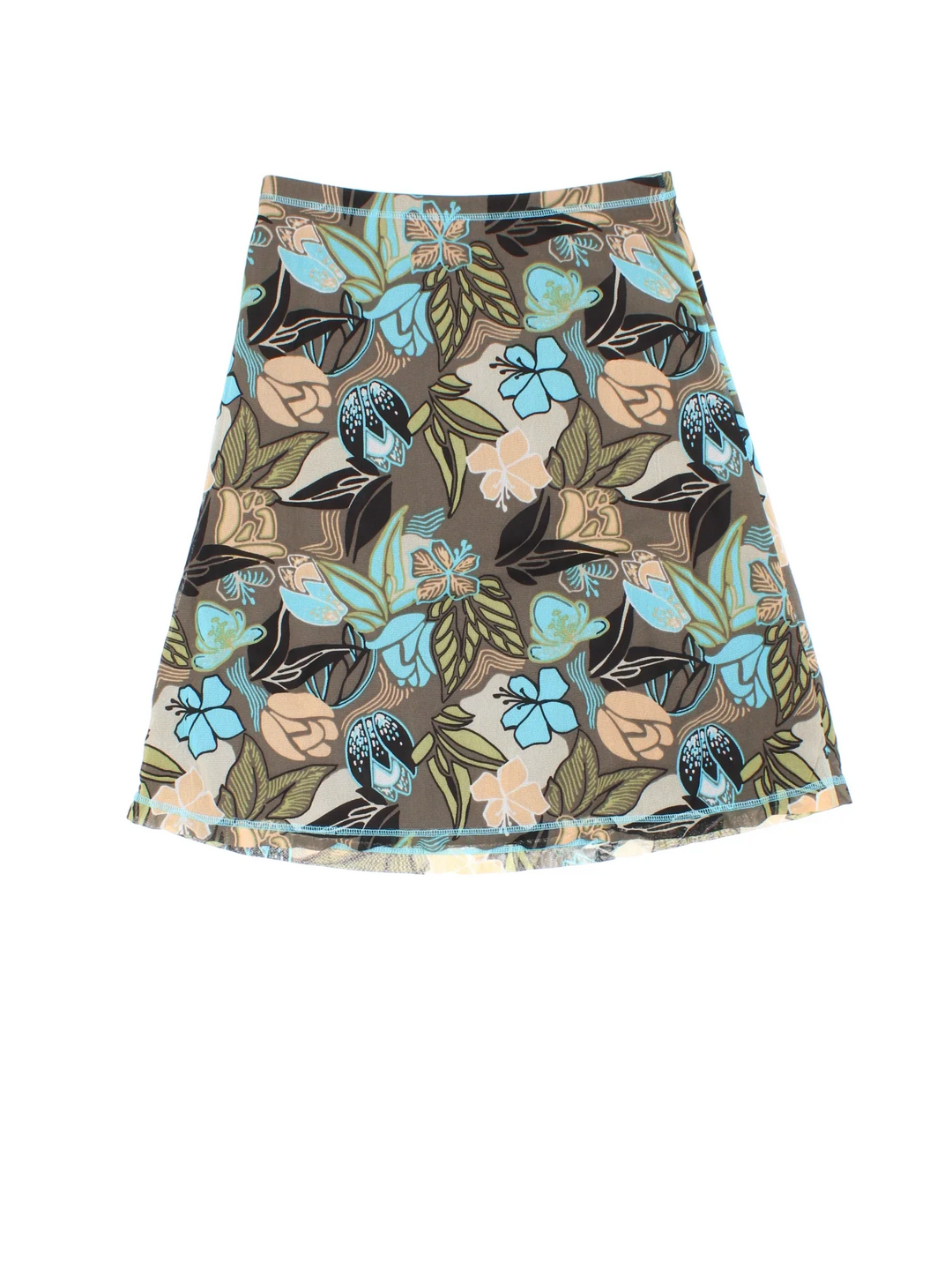 Y2K Floral Midi Skirt in green/blue colourway with all over print and sheer overlay.