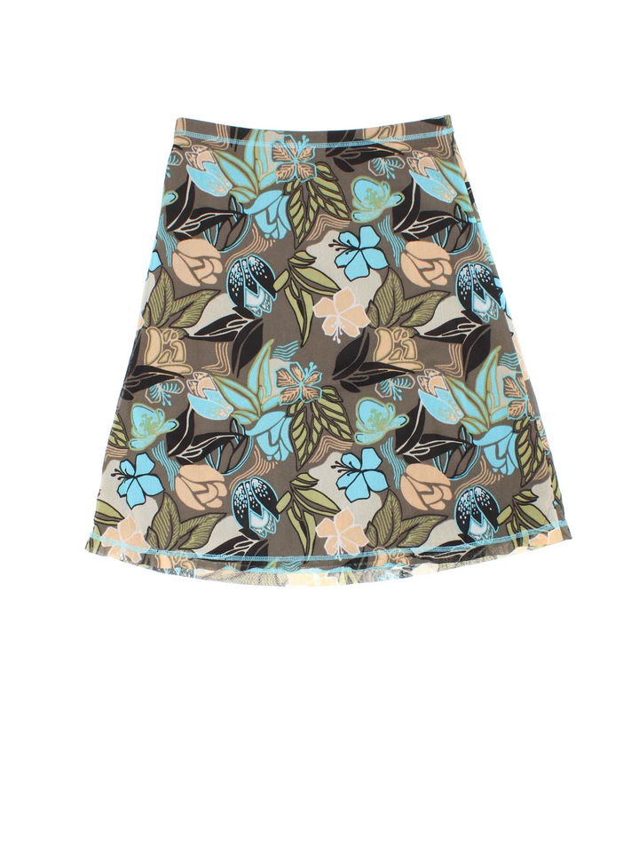 Y2K Floral Midi Skirt in green/blue colourway with all over print and sheer overlay.