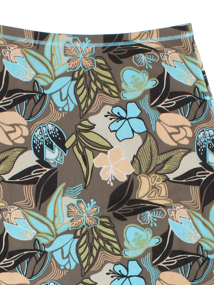 Y2K Floral Midi Skirt in green/blue colourway with all over print and sheer overlay.