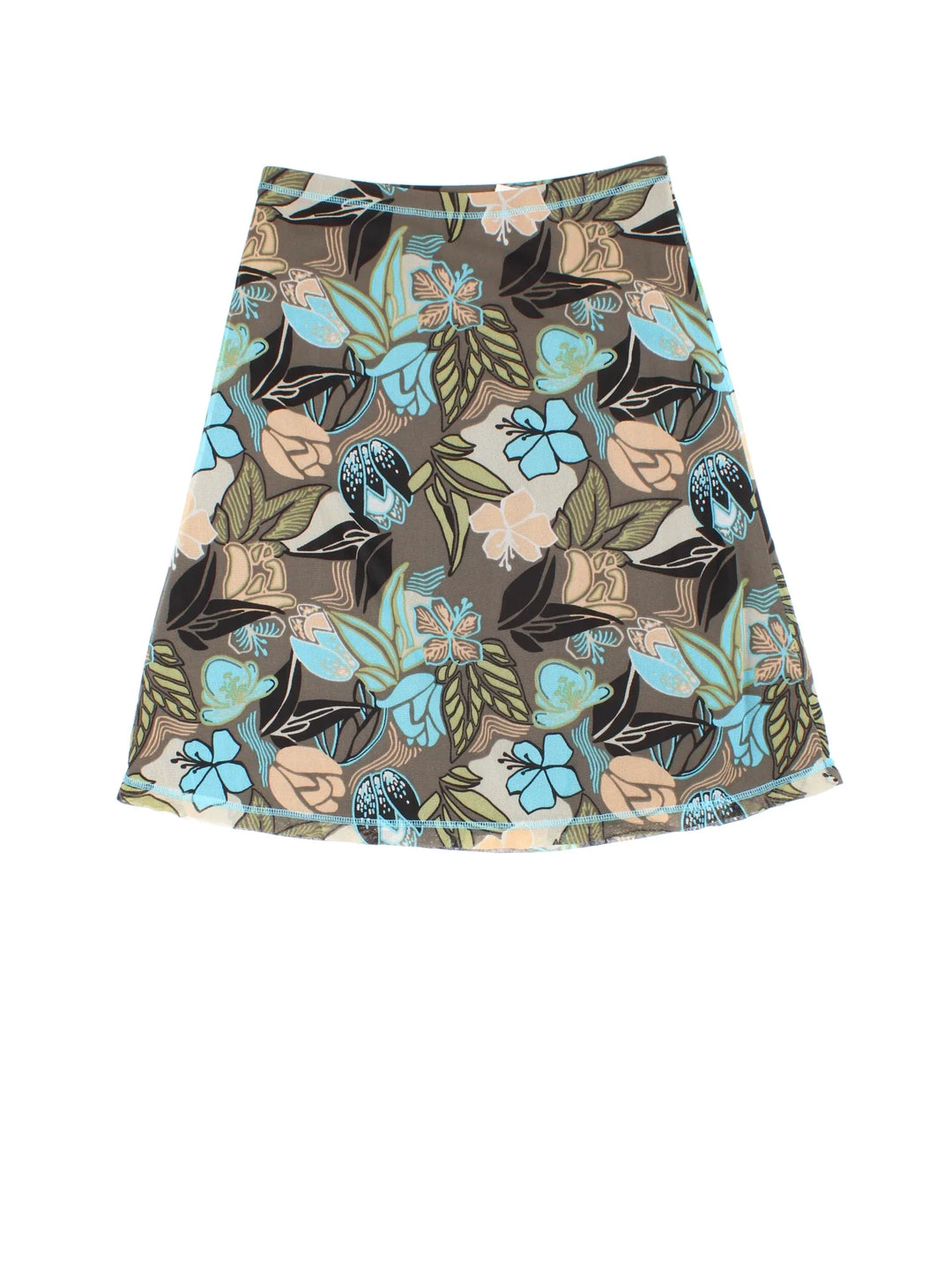 Y2K Floral Midi Skirt in green/blue colourway with all over print and sheer overlay.