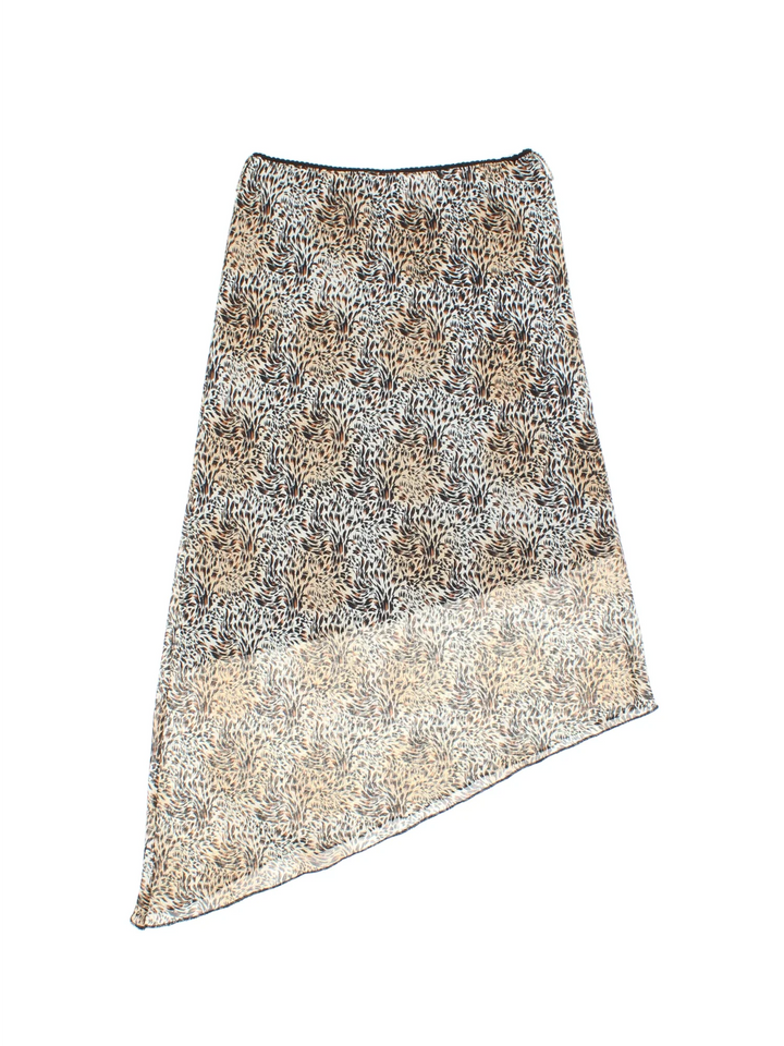 Y2K Leopard Print Asymmetrical Skirt in tan colourway with all over print and sheer overlay.