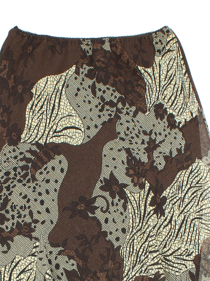 Y2K Lace Print Midi Skirt in brown colourway with all over print, sheer overlay and frill hem line.