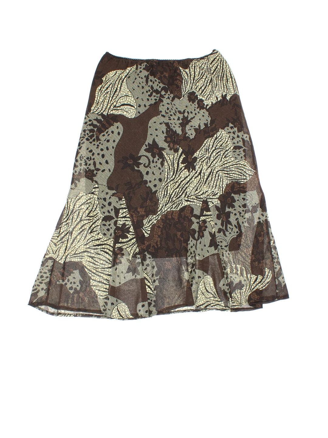 Y2K Lace Print Midi Skirt in brown colourway with all over print, sheer overlay and frill hem line.