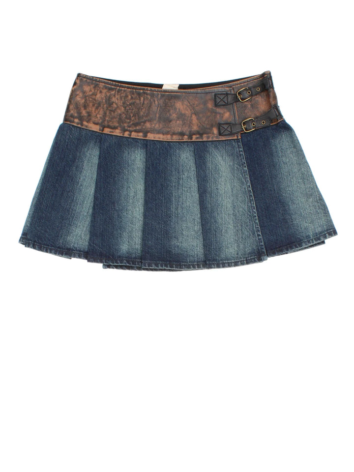 Y2K Denim Mini Skirt in blue/brown colourway with buckle fastening and faux leather panelling.