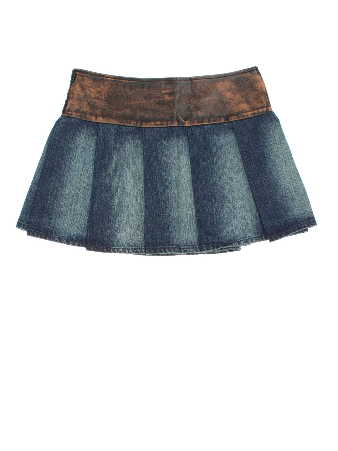 Y2K Denim Mini Skirt in blue/brown colourway with buckle fastening and faux leather panelling.