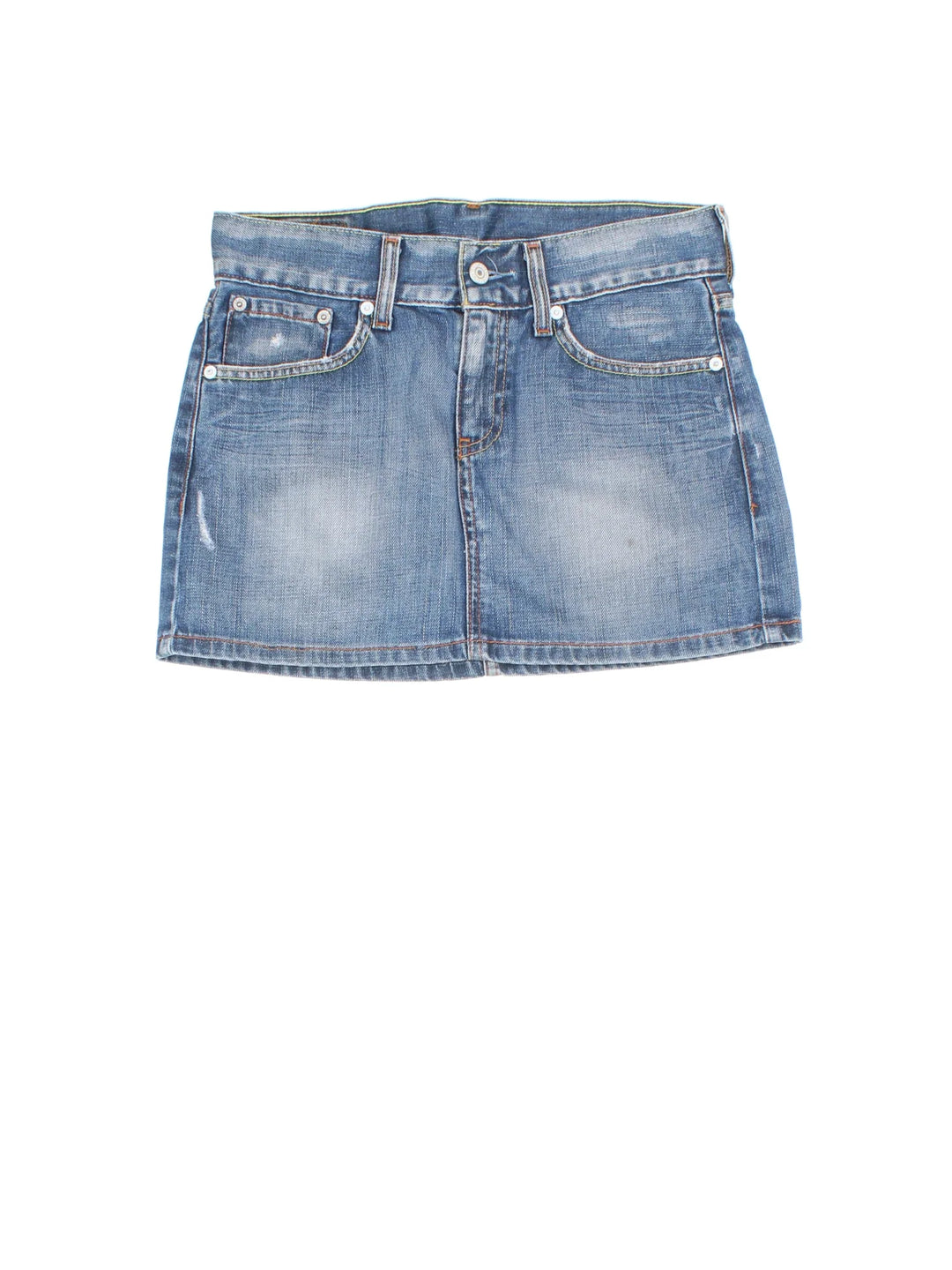 Levi Strauss Denim Mini Skirt in blue colourway with zip button fastening and embroidered branding on the back.