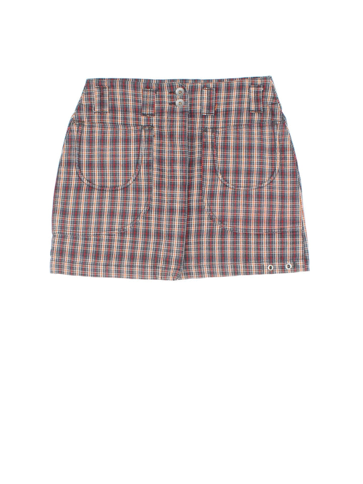 Y2K Pepe Mini Skirt in brown plaid pattern colourway with zip button fastening, multiple pockets and branding embroidered on the back.
