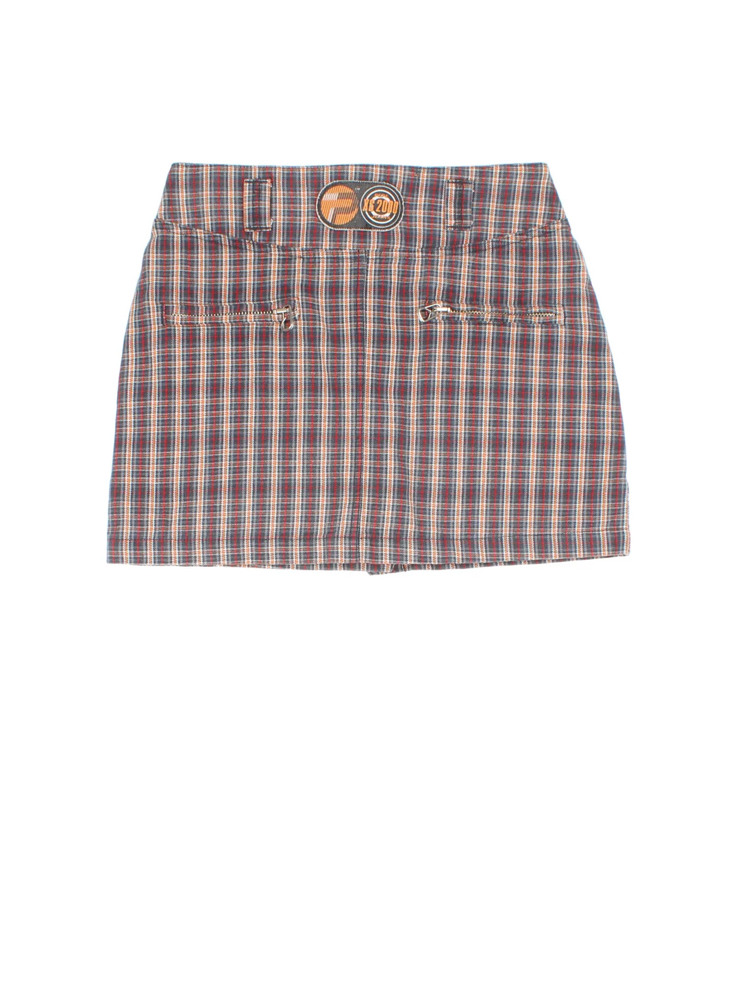 Y2K Pepe Mini Skirt in brown plaid pattern colourway with zip button fastening, multiple pockets and branding embroidered on the back.