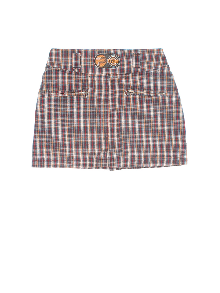 Y2K Pepe Mini Skirt in brown plaid pattern colourway with zip button fastening, multiple pockets and branding embroidered on the back.