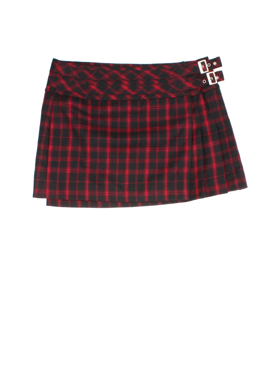 Y2K Karen Millen Mini Kilt in red/black colourway with wrap around fastening and side buckle fastening.