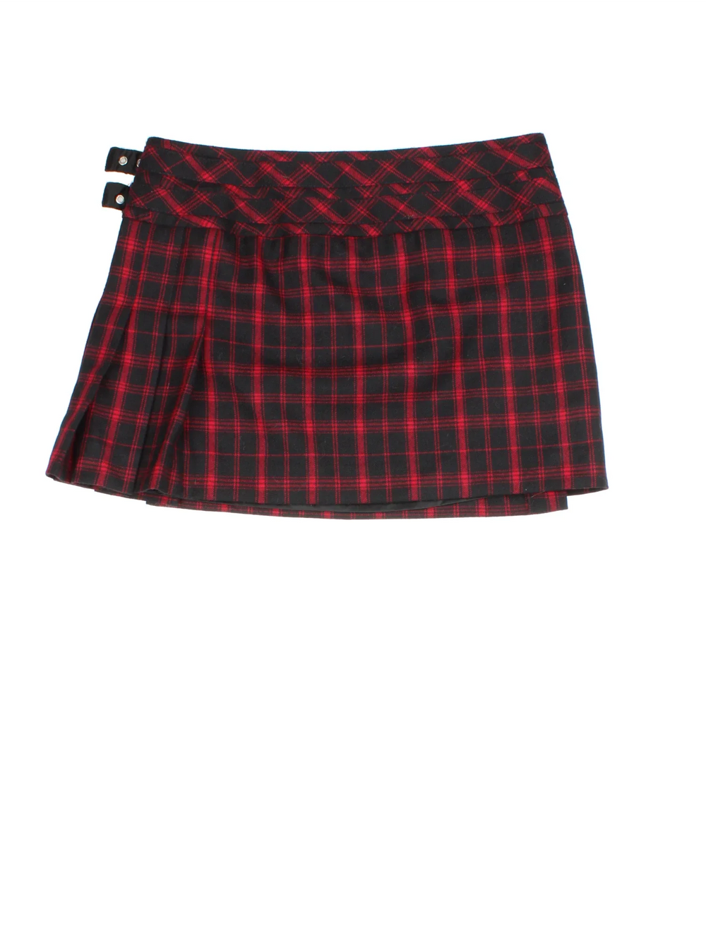 Y2K Karen Millen Mini Kilt in red/black colourway with wrap around fastening and side buckle fastening.