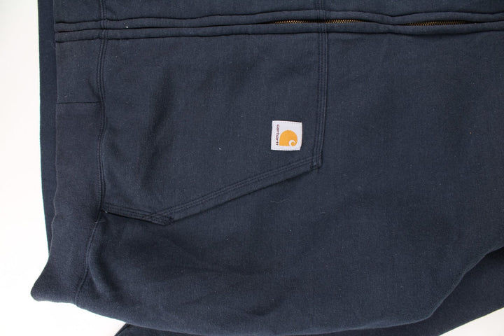 Carhartt Hoodie in a blue colourway with camo print lining. Large pocket and small classic logo on the front. 