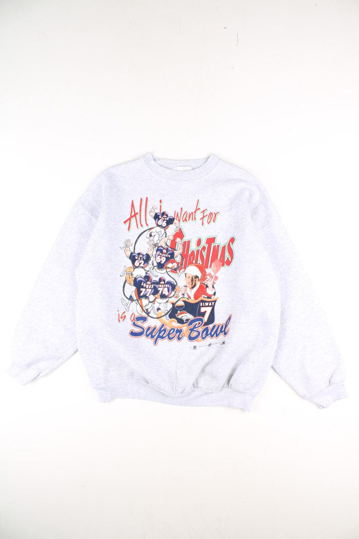 Vintage 90's Denver Broncos Christmas Superbowl Sweatshirt in a grey colourway with large graphic on the front.