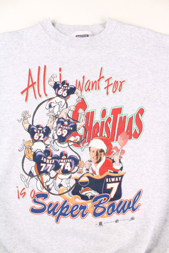 Vintage 90's Denver Broncos Christmas Superbowl Sweatshirt in a grey colourway with large graphic on the front.