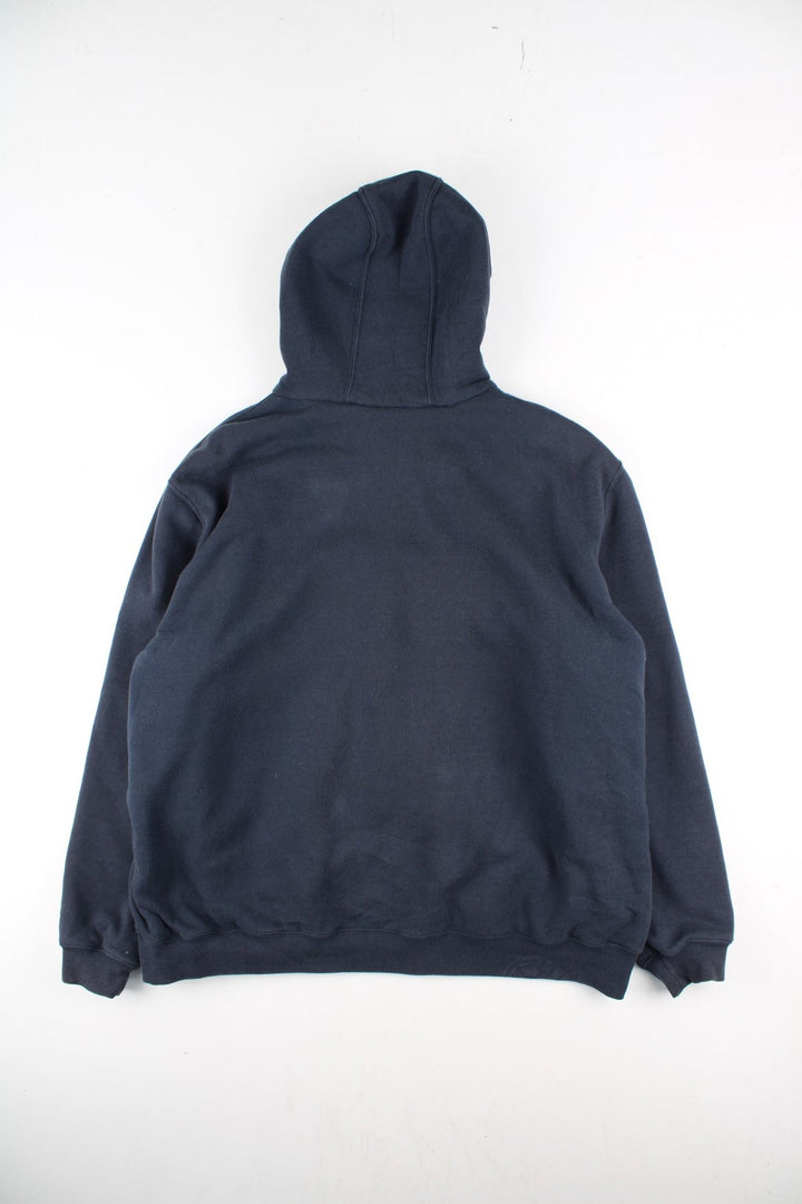 Carhartt Hoodie in a blue colourway with camo print lining. Large pocket and small classic logo on the front. 