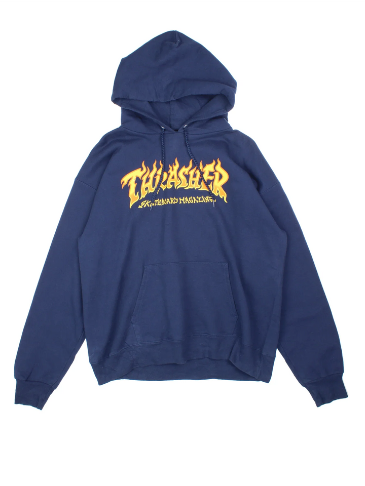 Thrasher Hoodie in a blue colourway with the classic flame logo across the front.