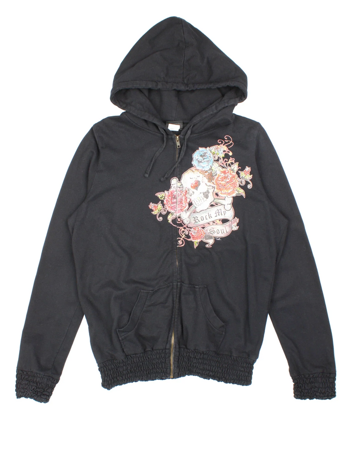 Y2K Rock My Soul Sequin Hoodie in a black colourway with sequin logo on the front and full zip.