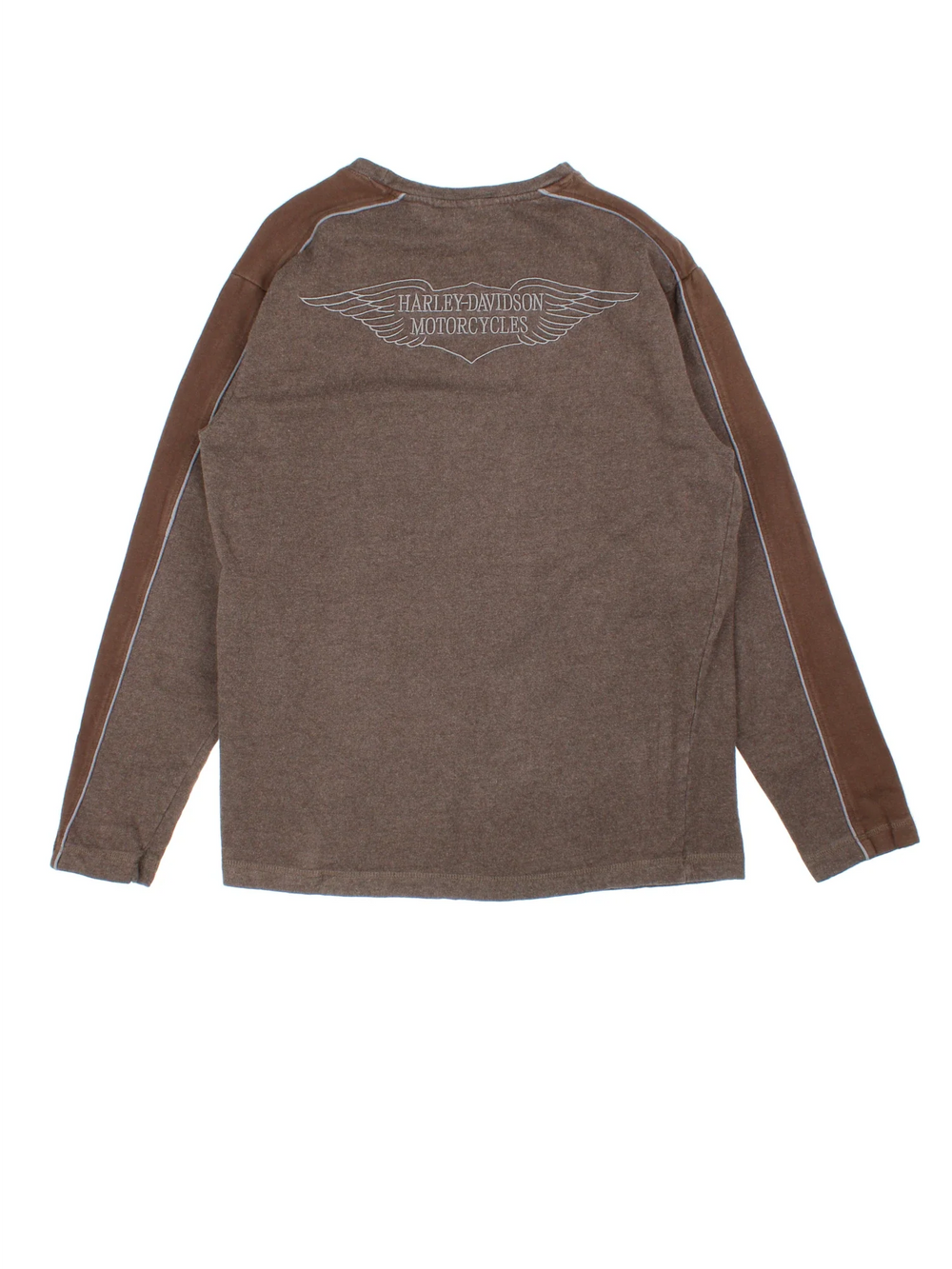 Harley-Davidson Sweatshirt in a brown colourway with grey trim along the sleeves and classic logo on the front and back.