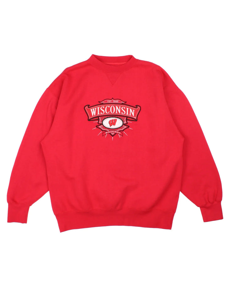 Vintage Wisconsin Badgers Sweatshirt in a red colourway with the logo and spell out embroidered on the front.