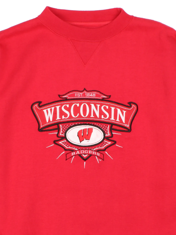 Vintage Wisconsin Badgers Sweatshirt in a red colourway with the logo and spell out embroidered on the front.