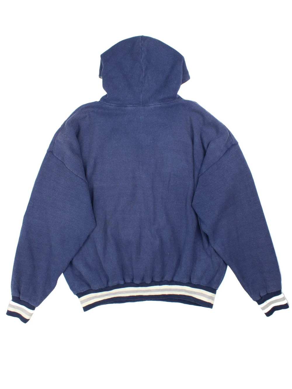 Vintage New England Patriots NFL Russell Athletic Hoodie in a blue colourway, 1/4 zip up with the logo embroidered on the front.