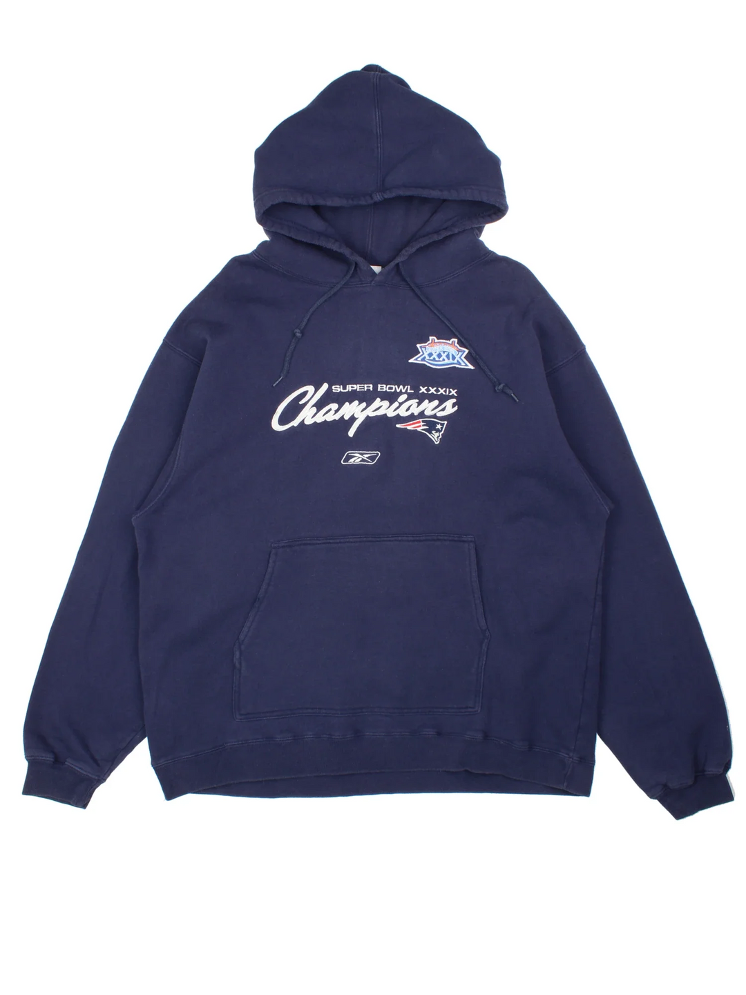 Vintage New England Patriots NFL Superbowl Champions Hoodie in a blue colourway with the logo and spell out embroidered on the front.
