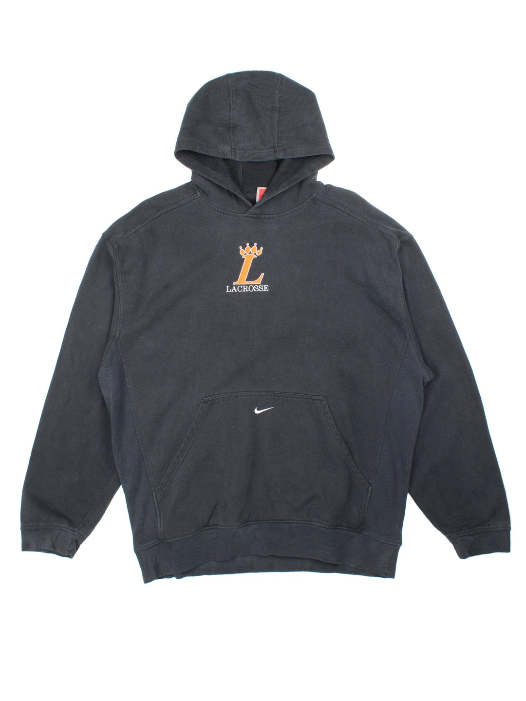 Vintage Nike Lacrosse Hoodie in a black colourway with the logos embroidered on the front.