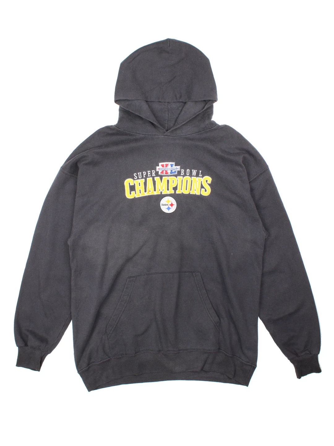 Vintage Pittsburgh Steelers NFL Hoodie in a black colourway with the logo and spell out embroidered on the front.