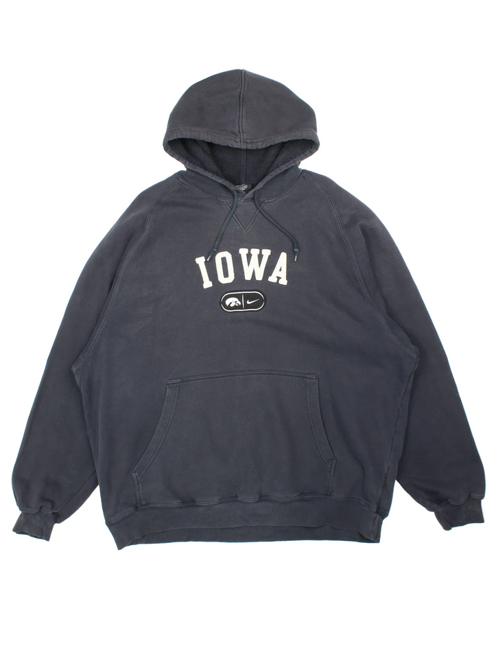 Vintage Nike Iowa Hoodie in a black colourway with the logo and spell out embroidered on the front.