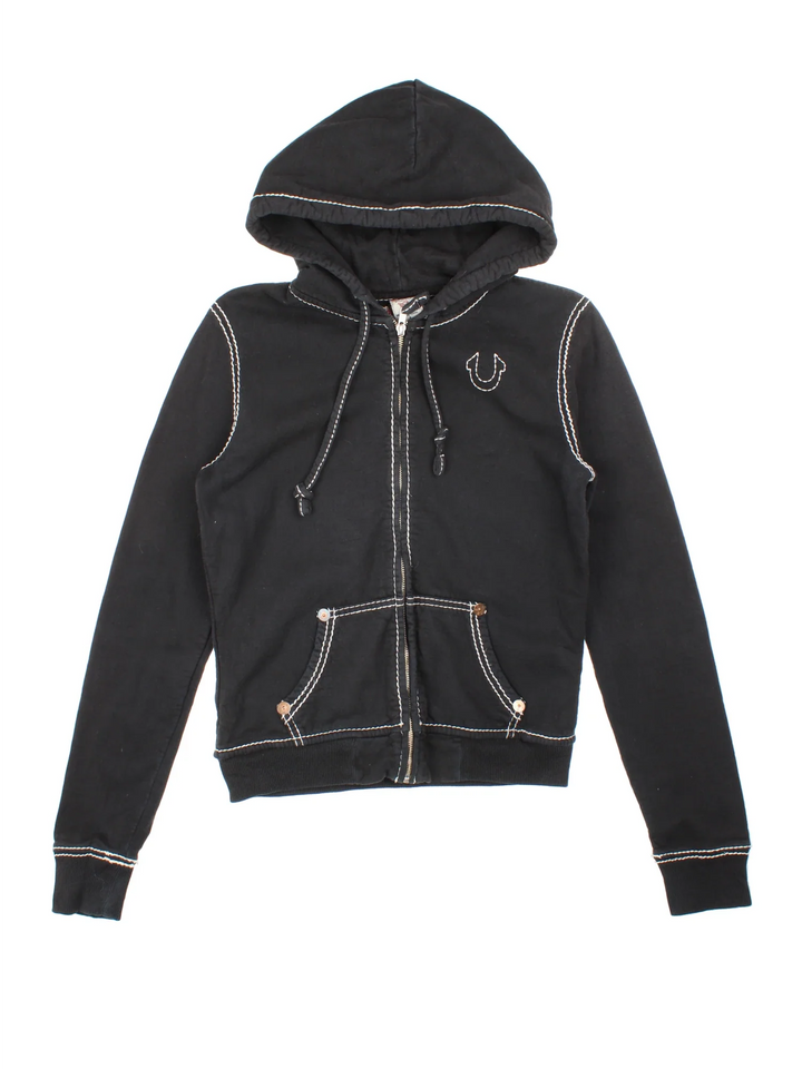 Vintage True Religion Hoodie in a black colourway with white contrast stitching, and has the logo embroidered on the front.