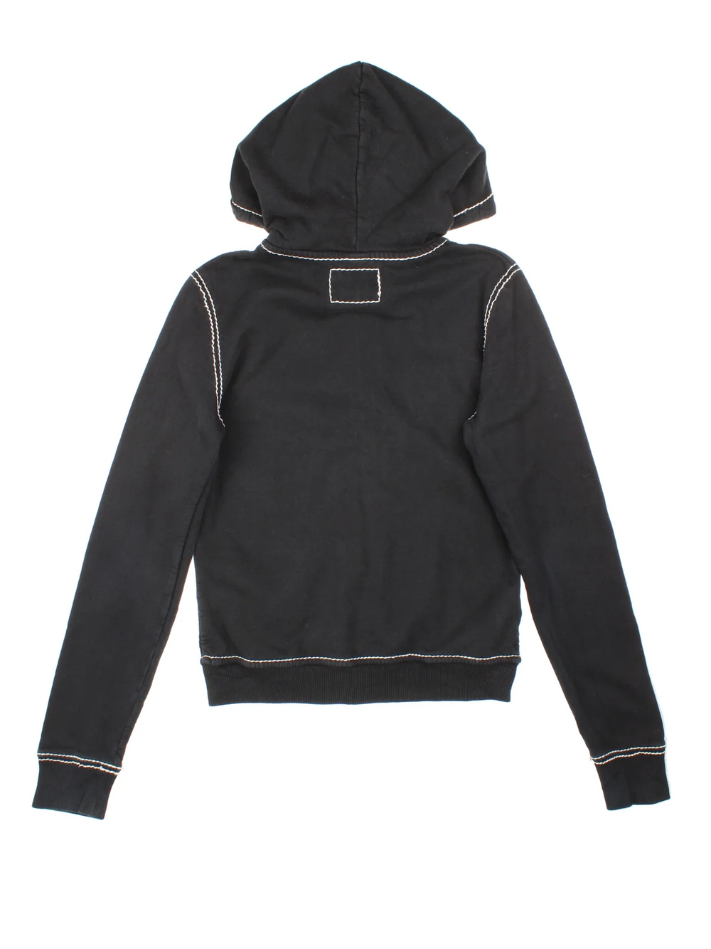 Vintage True Religion Hoodie in a black colourway with white contrast stitching, and has the logo embroidered on the front.