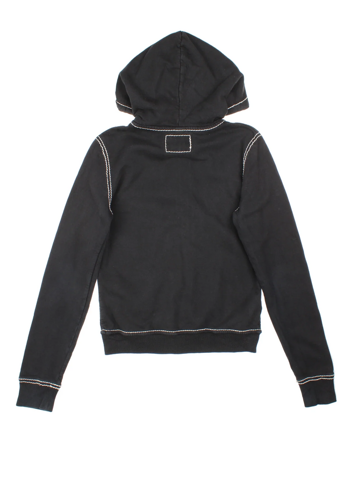 Vintage True Religion Hoodie in a black colourway with white contrast stitching, and has the logo embroidered on the front.