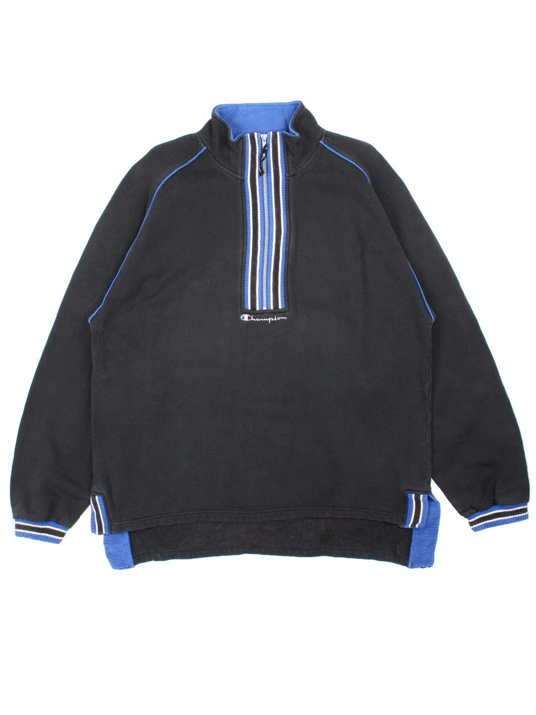 Vintage Champion 1/2 Zip Sweatshirt in a black and blue colourway with the swoosh logo embroidered on the front.